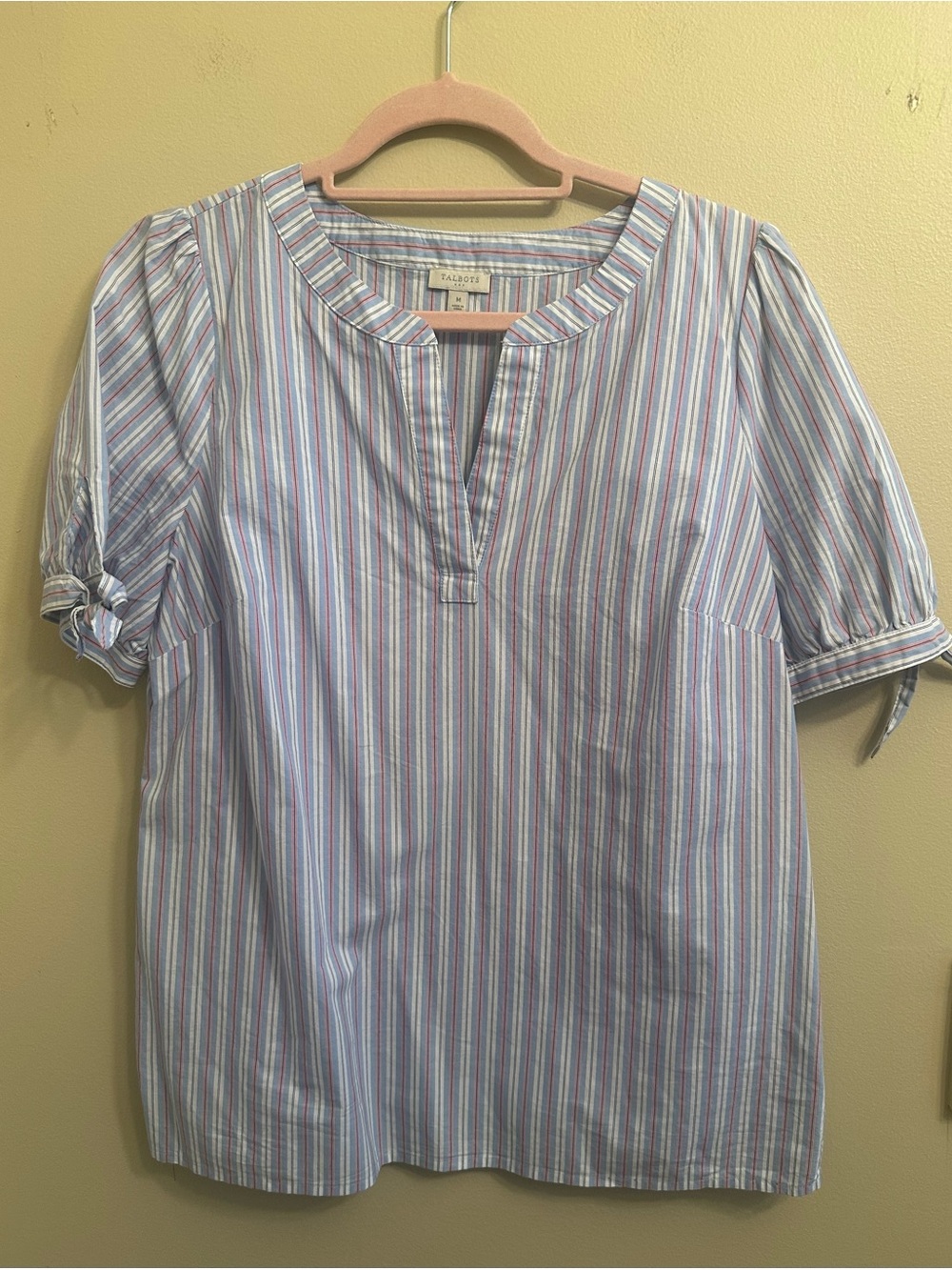 Talbots Blue Striped Cotton Blouse Tie Sleeve Split Neck Top Women's Medium 1094